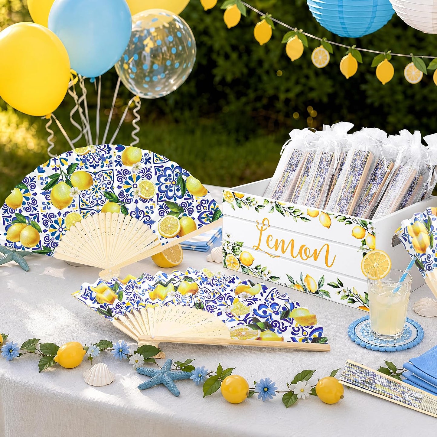 50 Pack Coastal Lemon Printed Folding Hand Fans with Organza Bags Bulk Wooden Storage Box Retro Mediterranean Paper Fans Capri Handheld Fan for Bridal Shower Wedding Bridesmaid Gifts
