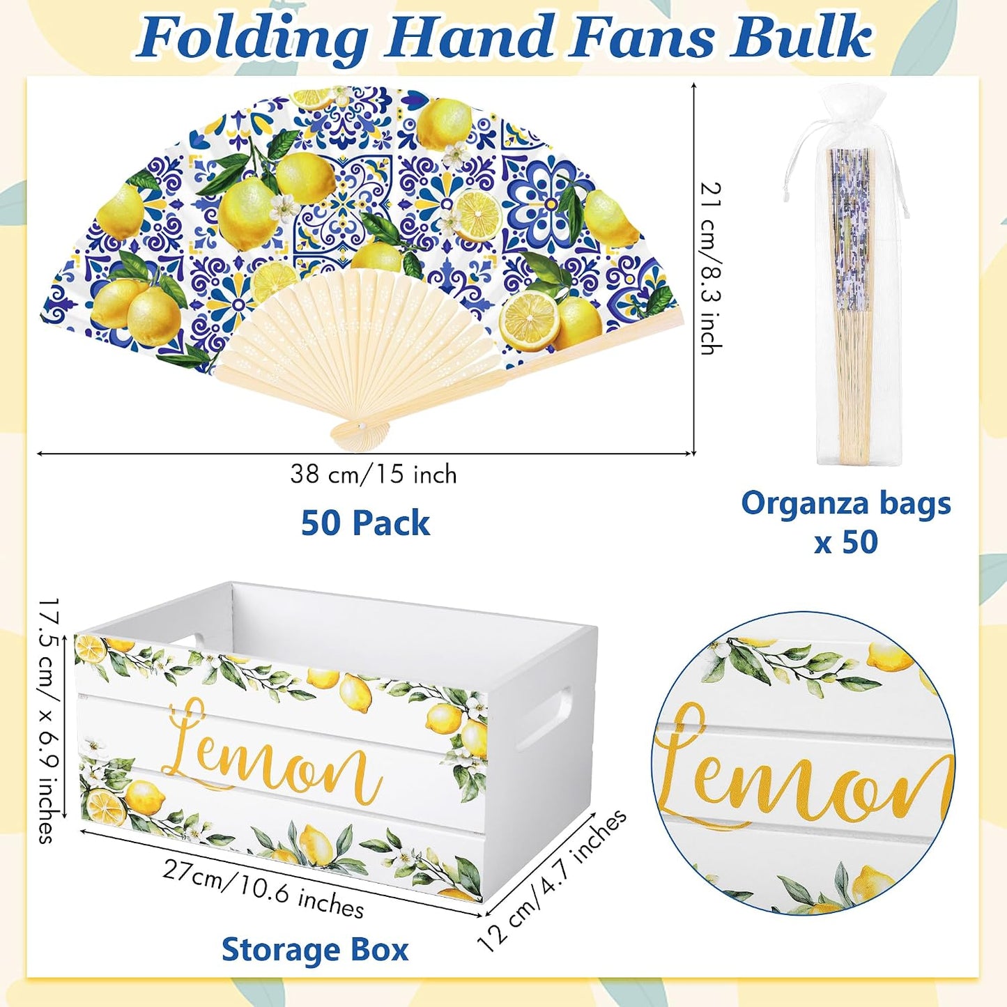 50 Pack Coastal Lemon Printed Folding Hand Fans with Organza Bags Bulk Wooden Storage Box Retro Mediterranean Paper Fans Capri Handheld Fan for Bridal Shower Wedding Bridesmaid Gifts