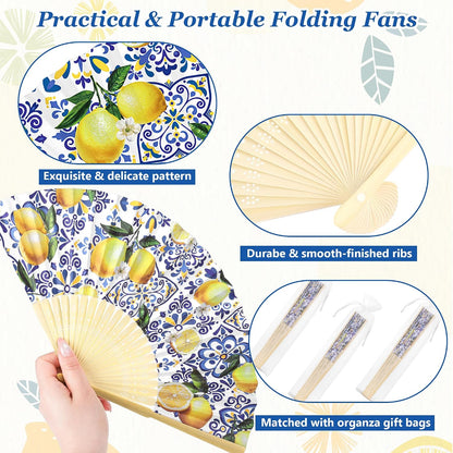 50 Pack Coastal Lemon Printed Folding Hand Fans with Organza Bags Bulk Wooden Storage Box Retro Mediterranean Paper Fans Capri Handheld Fan for Bridal Shower Wedding Bridesmaid Gifts