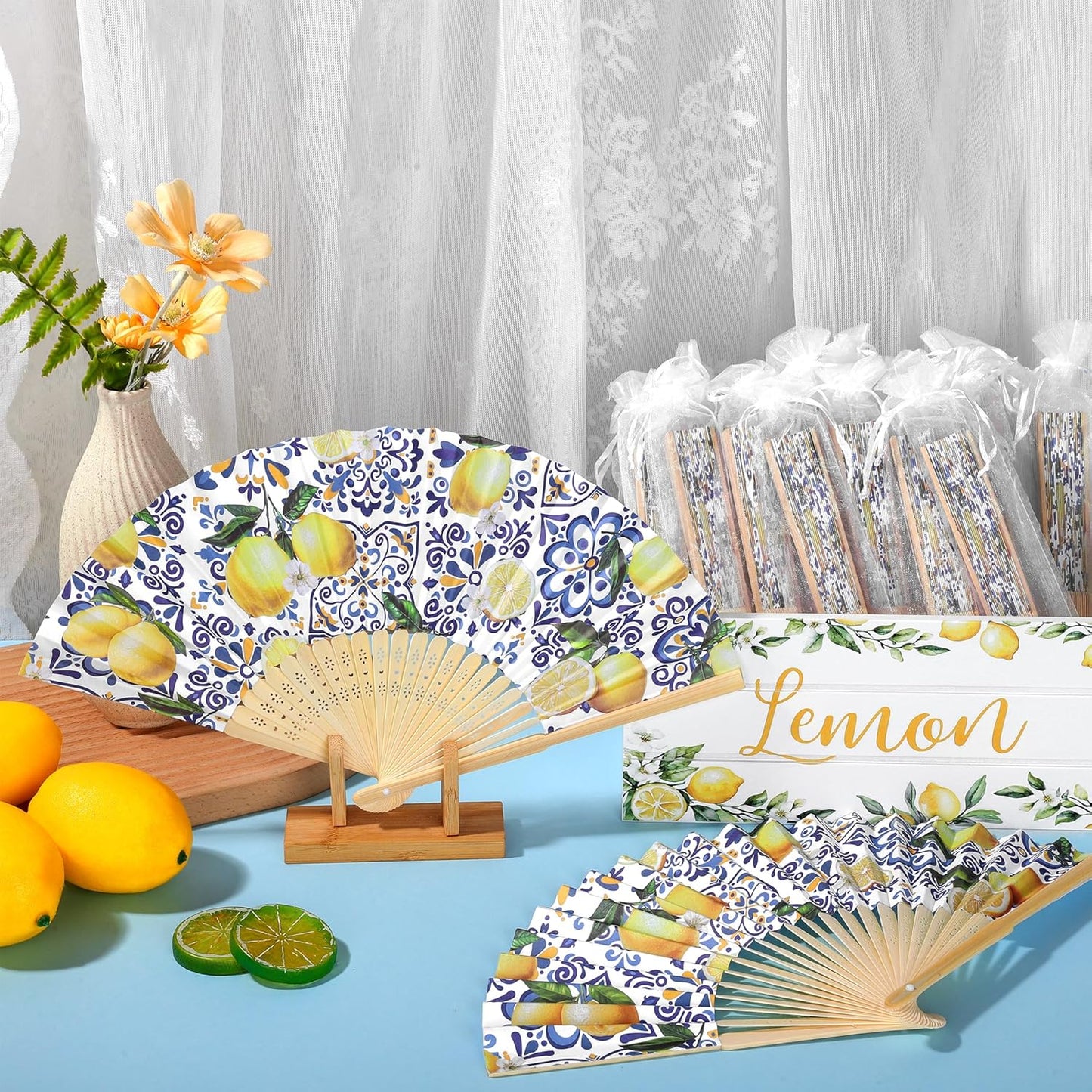 50 Pack Coastal Lemon Printed Folding Hand Fans with Organza Bags Bulk Wooden Storage Box Retro Mediterranean Paper Fans Capri Handheld Fan for Bridal Shower Wedding Bridesmaid Gifts