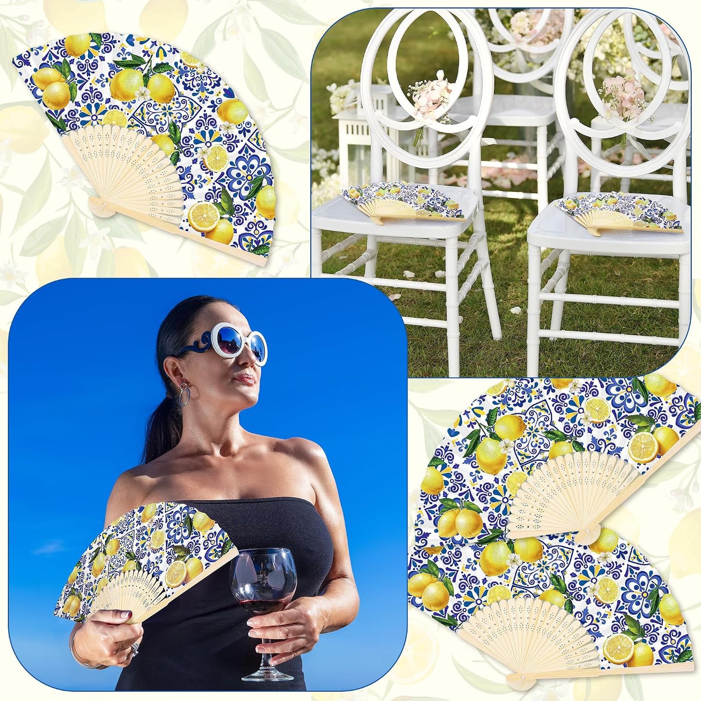 50 Pack Coastal Lemon Printed Folding Hand Fans with Organza Bags Bulk Wooden Storage Box Retro Mediterranean Paper Fans Capri Handheld Fan for Bridal Shower Wedding Bridesmaid Gifts