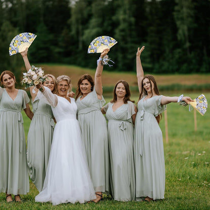 50 Pack Coastal Lemon Printed Folding Hand Fans with Organza Bags Bulk Wooden Storage Box Retro Mediterranean Paper Fans Capri Handheld Fan for Bridal Shower Wedding Bridesmaid Gifts