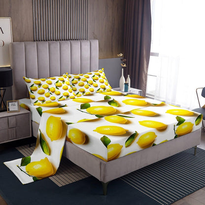 Sunny Lemon Print Bed Sheets Set Full Size Green Leaf Plant Bed Set for Boys Girls Summer Fruit Fresh Lemon Prints Deep Pocket Fitted Sheet 3D Print Breathable Lightweight Cute Yellow Fruit