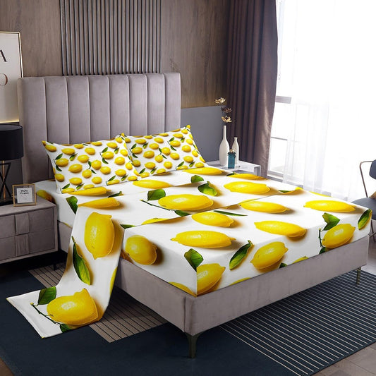 Sunny Lemon Print Bed Sheets Set Full Size Green Leaf Plant Bed Set for Boys Girls Summer Fruit Fresh Lemon Prints Deep Pocket Fitted Sheet 3D Print Breathable Lightweight Cute Yellow Fruit