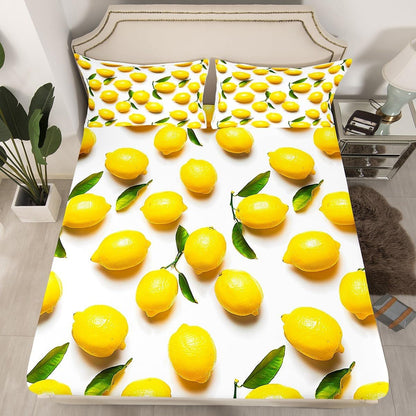 Sunny Lemon Print Bed Sheets Set Full Size Green Leaf Plant Bed Set for Boys Girls Summer Fruit Fresh Lemon Prints Deep Pocket Fitted Sheet 3D Print Breathable Lightweight Cute Yellow Fruit