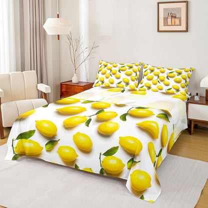 Sunny Lemon Print Bed Sheets Set Full Size Green Leaf Plant Bed Set for Boys Girls Summer Fruit Fresh Lemon Prints Deep Pocket Fitted Sheet 3D Print Breathable Lightweight Cute Yellow Fruit