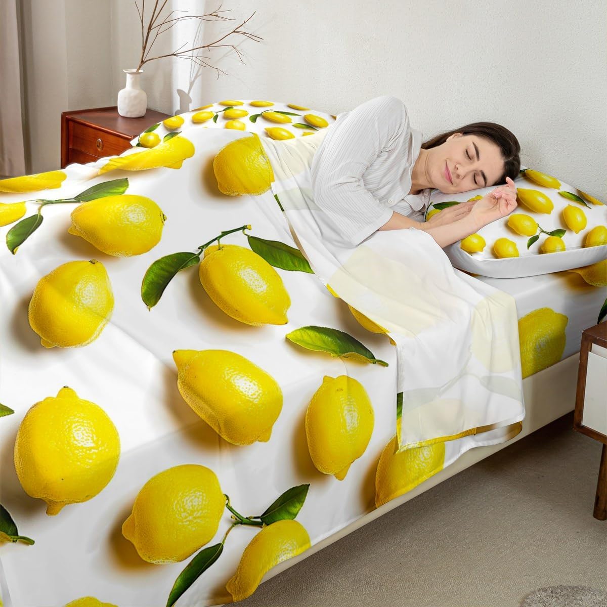 Sunny Lemon Print Bed Sheets Set Full Size Green Leaf Plant Bed Set for Boys Girls Summer Fruit Fresh Lemon Prints Deep Pocket Fitted Sheet 3D Print Breathable Lightweight Cute Yellow Fruit
