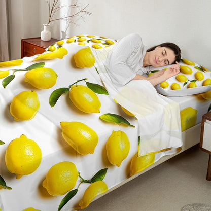 Sunny Lemon Print Bed Sheets Set Full Size Green Leaf Plant Bed Set for Boys Girls Summer Fruit Fresh Lemon Prints Deep Pocket Fitted Sheet 3D Print Breathable Lightweight Cute Yellow Fruit