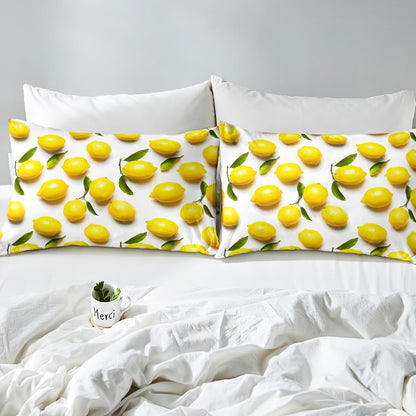 Sunny Lemon Print Bed Sheets Set Full Size Green Leaf Plant Bed Set for Boys Girls Summer Fruit Fresh Lemon Prints Deep Pocket Fitted Sheet 3D Print Breathable Lightweight Cute Yellow Fruit