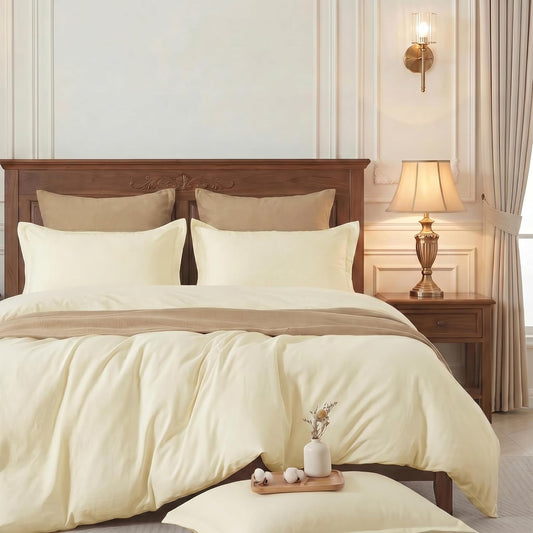 100% Pure Cotton Duvet Cover Cal King Size Muslin Linen Feel Light Yellow | Plain Weave Duvet Cover Set, Soft Comforter Cover Linen Like, Minimalist Gauze Duvet Cover with 2 Pillowcases, 98"x104"