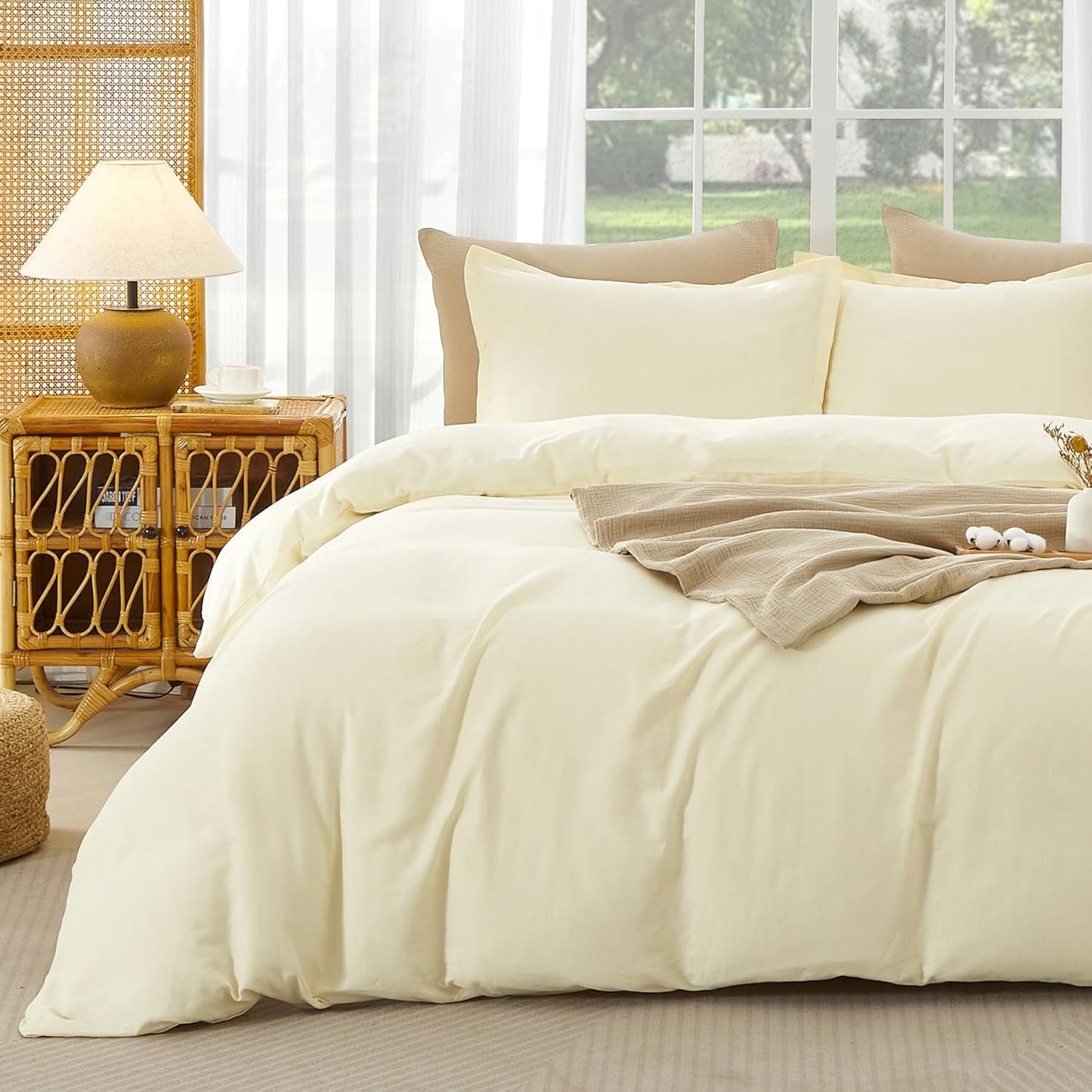 100% Pure Cotton Duvet Cover Cal King Size Muslin Linen Feel Light Yellow | Plain Weave Duvet Cover Set, Soft Comforter Cover Linen Like, Minimalist Gauze Duvet Cover with 2 Pillowcases, 98"x104"