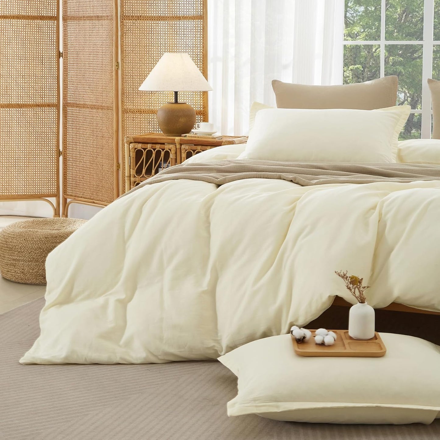 100% Pure Cotton Duvet Cover Cal King Size Muslin Linen Feel Light Yellow | Plain Weave Duvet Cover Set, Soft Comforter Cover Linen Like, Minimalist Gauze Duvet Cover with 2 Pillowcases, 98"x104"