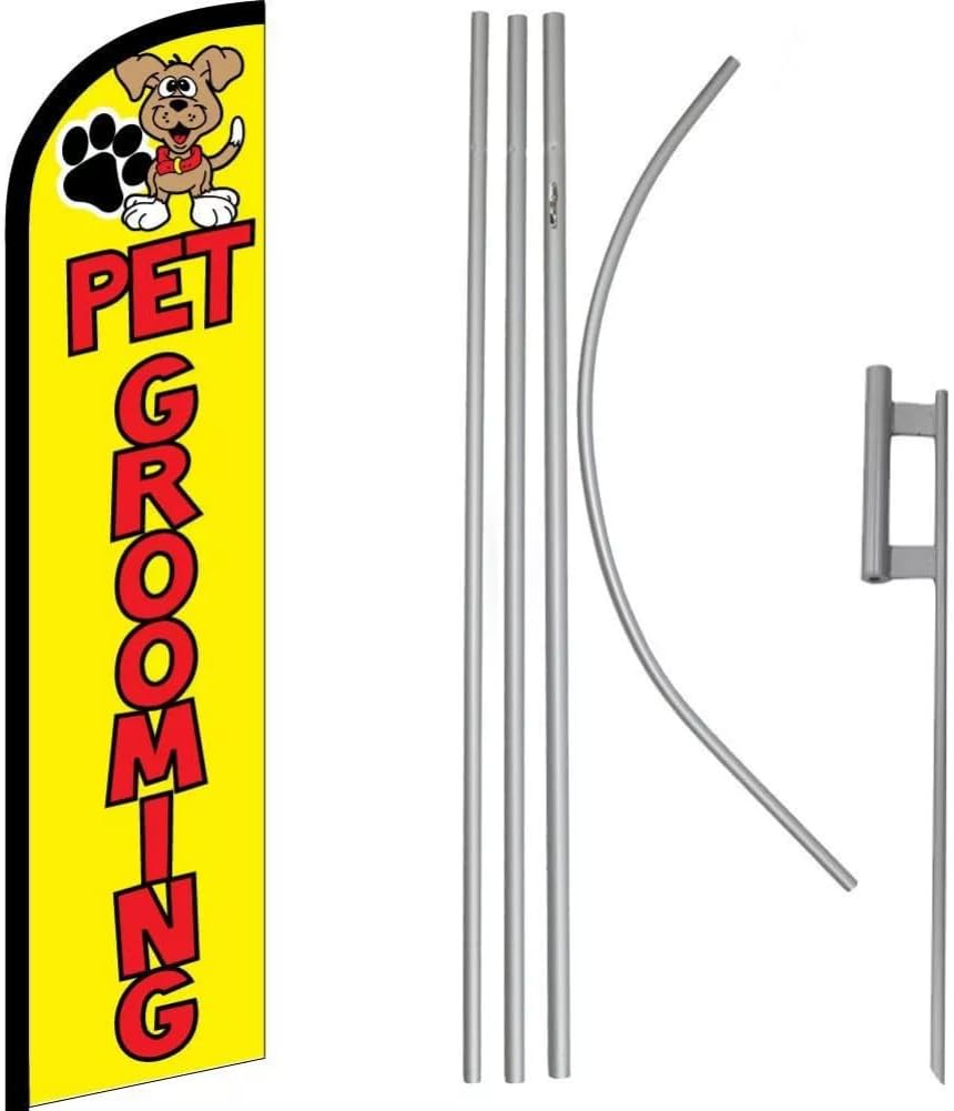 Pet Grooming Yellow/Red Windless Banner Flag & 16' Flagpole Kit/Ground