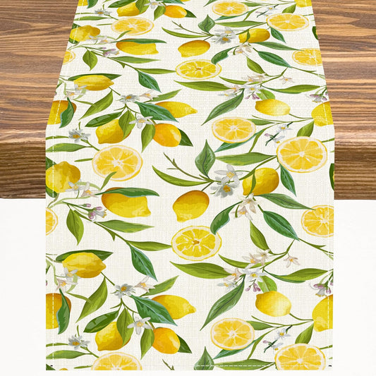 Lemon Table Runner Watercolor Fruits Green Leaves White Flowers Pattern Table Runner Table Cloth Decoration Dresser Garden Farmhouse Wedding Party Vacation Dinner Home 13x36 inches