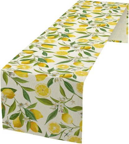 Lemon Table Runner Watercolor Fruits Green Leaves White Flowers Pattern Table Runner Table Cloth Decoration Dresser Garden Farmhouse Wedding Party Vacation Dinner Home 13x36 inches