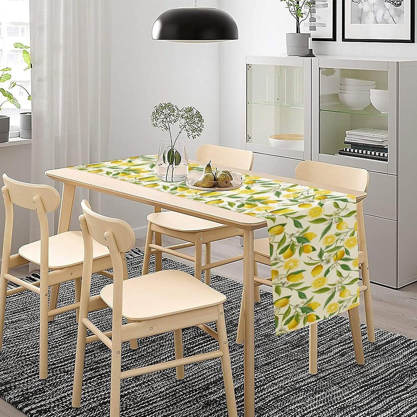 Lemon Table Runner Watercolor Fruits Green Leaves White Flowers Pattern Table Runner Table Cloth Decoration Dresser Garden Farmhouse Wedding Party Vacation Dinner Home 13x36 inches
