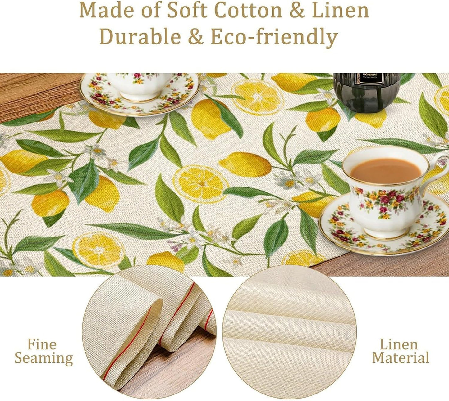 Lemon Table Runner Watercolor Fruits Green Leaves White Flowers Pattern Table Runner Table Cloth Decoration Dresser Garden Farmhouse Wedding Party Vacation Dinner Home 13x36 inches