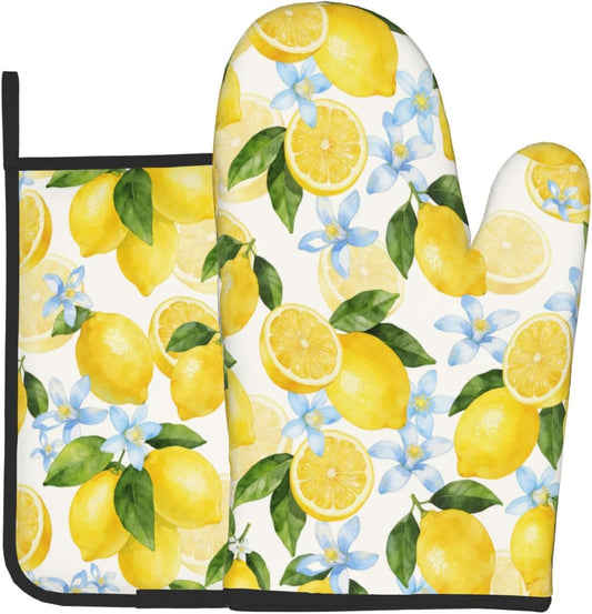 Lemon Oven Mitts and Pot Holders Sets Summer Floral Oven Mitts Heat Resistant Yellow Fruit Citrus Cute Kitchen Gloves Farmhouse Hot Pads Two Piece Set for Cooking Baking Grilling BBQ