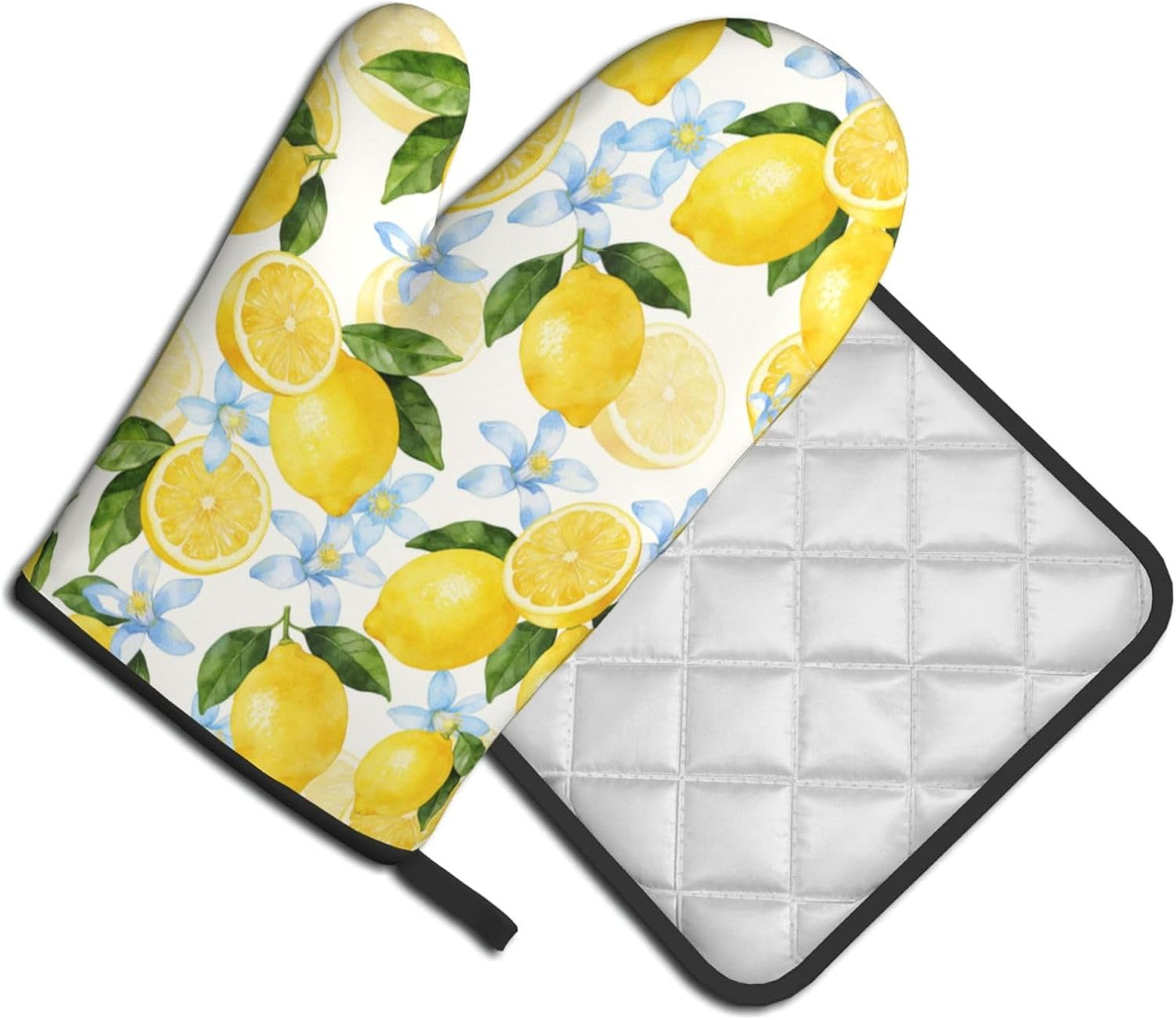 Lemon Oven Mitts and Pot Holders Sets Summer Floral Oven Mitts Heat Resistant Yellow Fruit Citrus Cute Kitchen Gloves Farmhouse Hot Pads Two Piece Set for Cooking Baking Grilling BBQ