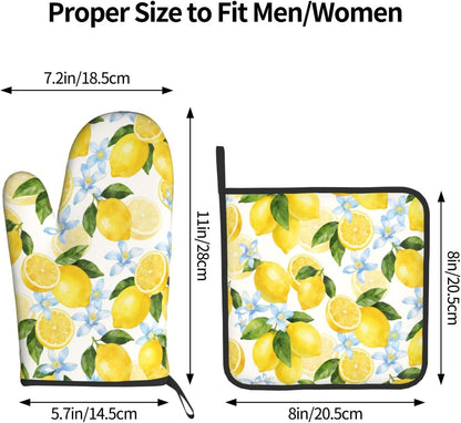Lemon Oven Mitts and Pot Holders Sets Summer Floral Oven Mitts Heat Resistant Yellow Fruit Citrus Cute Kitchen Gloves Farmhouse Hot Pads Two Piece Set for Cooking Baking Grilling BBQ
