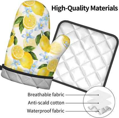 Lemon Oven Mitts and Pot Holders Sets Summer Floral Oven Mitts Heat Resistant Yellow Fruit Citrus Cute Kitchen Gloves Farmhouse Hot Pads Two Piece Set for Cooking Baking Grilling BBQ