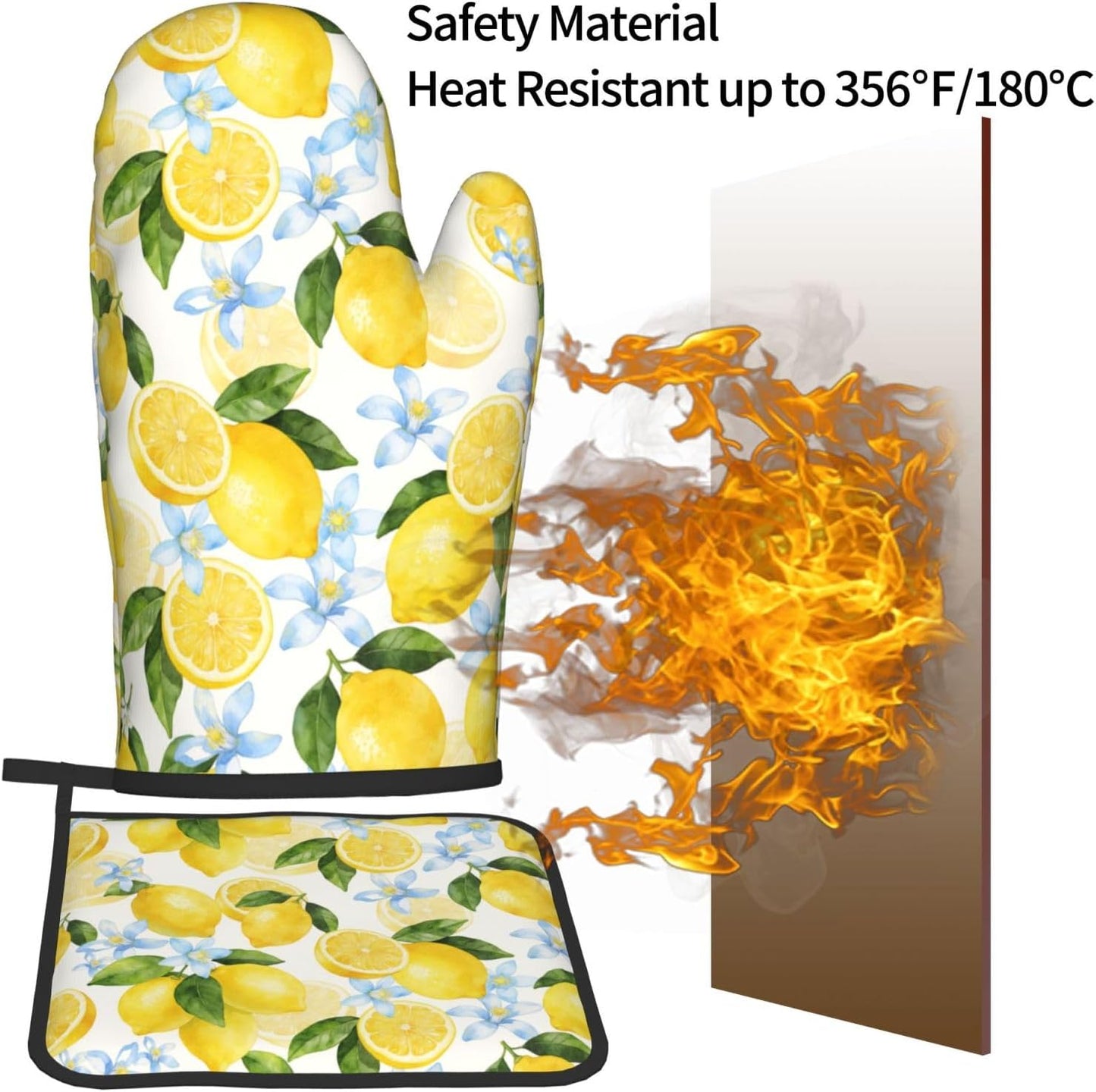 Lemon Oven Mitts and Pot Holders Sets Summer Floral Oven Mitts Heat Resistant Yellow Fruit Citrus Cute Kitchen Gloves Farmhouse Hot Pads Two Piece Set for Cooking Baking Grilling BBQ