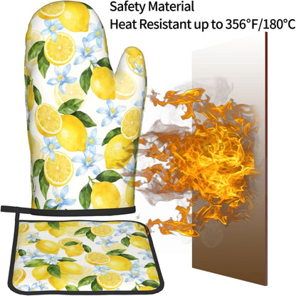 Lemon Oven Mitts and Pot Holders Sets Summer Floral Oven Mitts Heat Resistant Yellow Fruit Citrus Cute Kitchen Gloves Farmhouse Hot Pads Two Piece Set for Cooking Baking Grilling BBQ