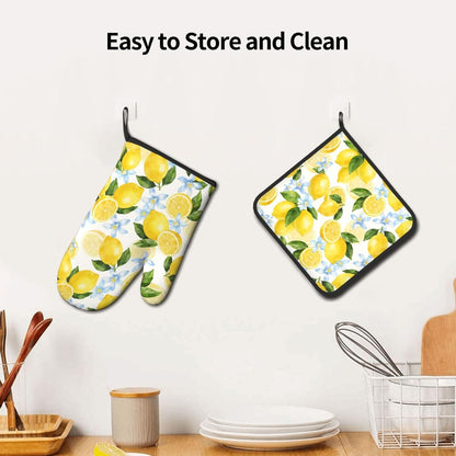 Lemon Oven Mitts and Pot Holders Sets Summer Floral Oven Mitts Heat Resistant Yellow Fruit Citrus Cute Kitchen Gloves Farmhouse Hot Pads Two Piece Set for Cooking Baking Grilling BBQ