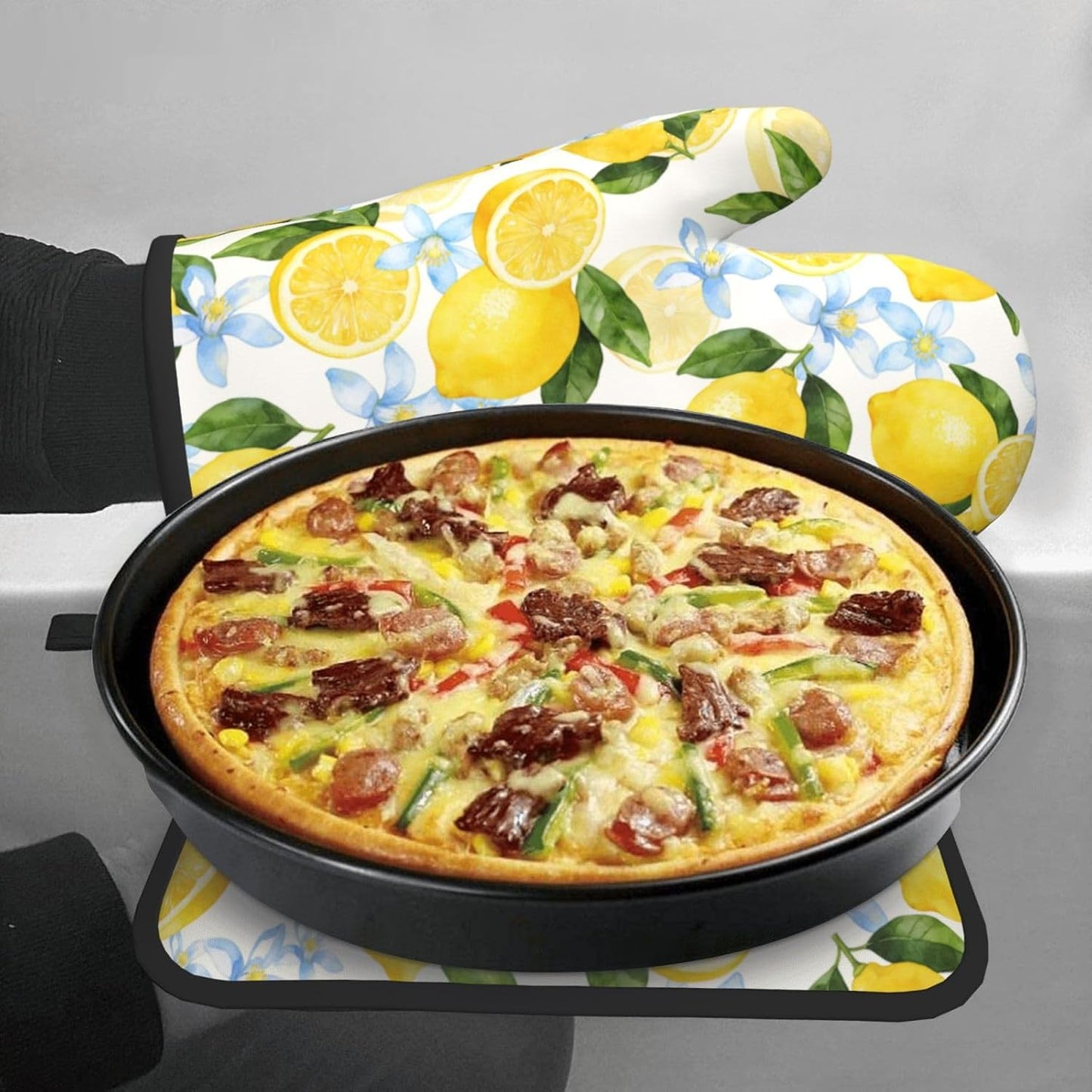 Lemon Oven Mitts and Pot Holders Sets Summer Floral Oven Mitts Heat Resistant Yellow Fruit Citrus Cute Kitchen Gloves Farmhouse Hot Pads Two Piece Set for Cooking Baking Grilling BBQ