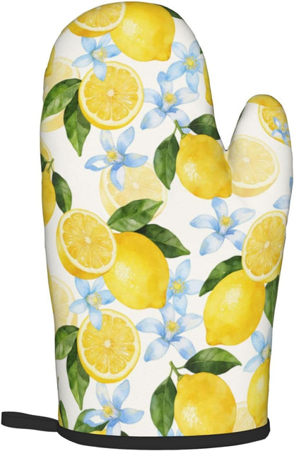 Lemon Oven Mitts and Pot Holders Sets Summer Floral Oven Mitts Heat Resistant Yellow Fruit Citrus Cute Kitchen Gloves Farmhouse Hot Pads Two Piece Set for Cooking Baking Grilling BBQ