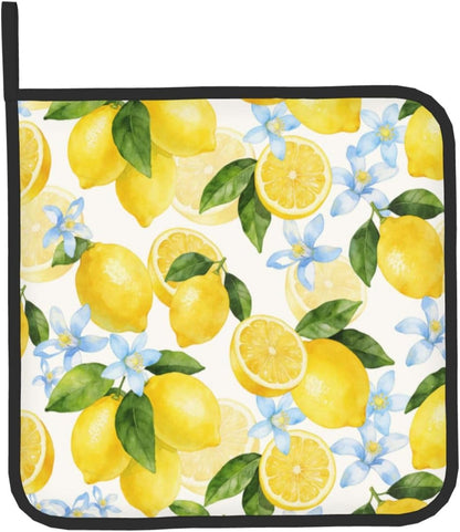 Lemon Oven Mitts and Pot Holders Sets Summer Floral Oven Mitts Heat Resistant Yellow Fruit Citrus Cute Kitchen Gloves Farmhouse Hot Pads Two Piece Set for Cooking Baking Grilling BBQ