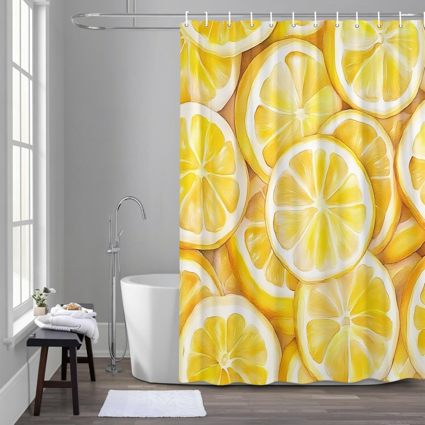Summer Lemon Waterproof Shower Curtain for Bathroom Yellow Theme Polyester Fabric Shower Curtain Set with Hooks, Decorative Bath Curtain for Home Decor 72x72 in