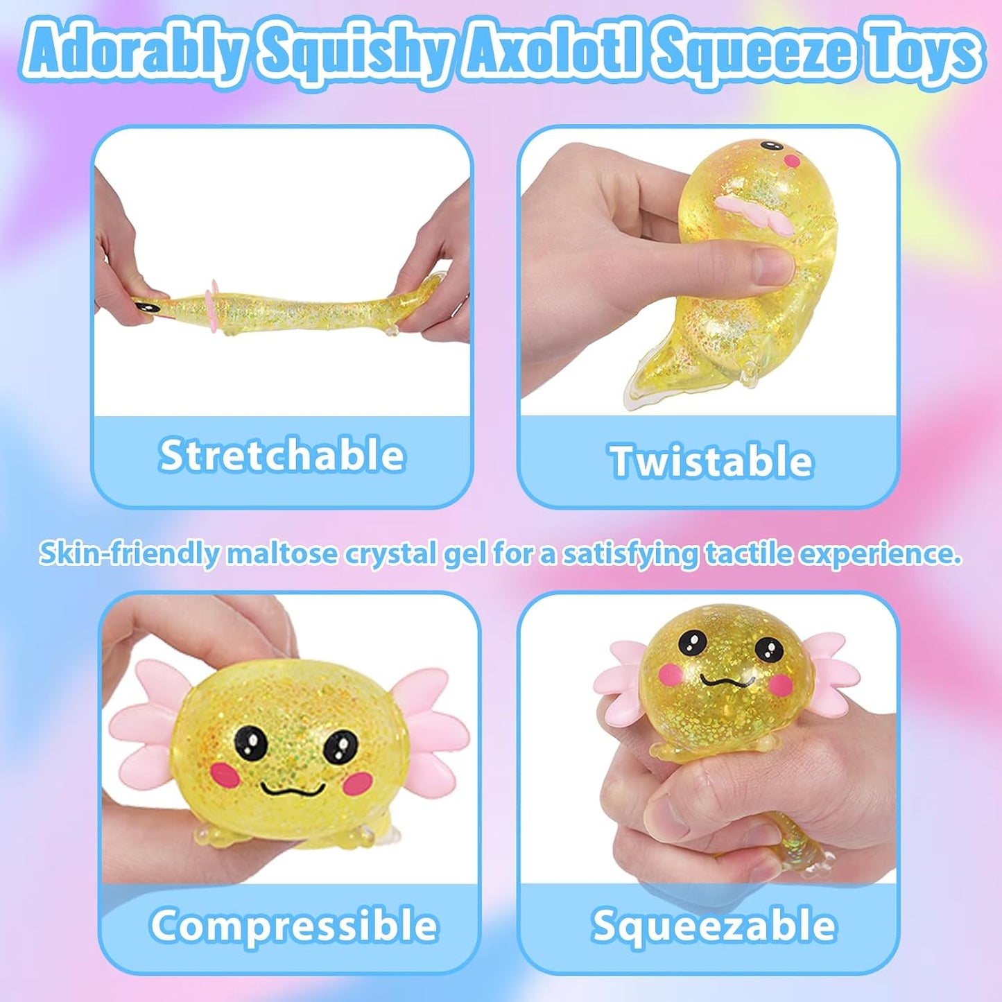 Axolotl Squishy Toy, Cute Slow Rising Fidget Toy for Stress Relief, Soft Squeeze Sensory Toy for Kids and Adults, Handheld Stress Ball for Anxiety and Focus(Yellow)