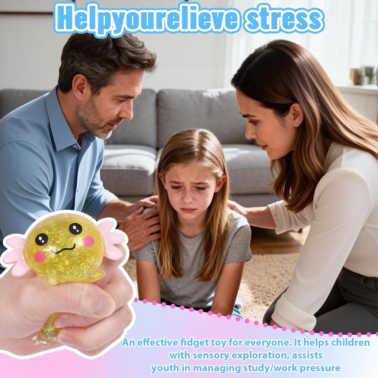 Axolotl Squishy Toy, Cute Slow Rising Fidget Toy for Stress Relief, Soft Squeeze Sensory Toy for Kids and Adults, Handheld Stress Ball for Anxiety and Focus(Yellow)