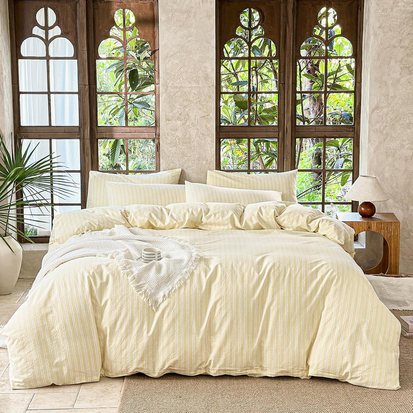 Yellow Striped Duvet Cover Set 100% Washed Cotton Linen Like Soft Feelling Breathable Bedding(Light Yellow/White Strip,Full)