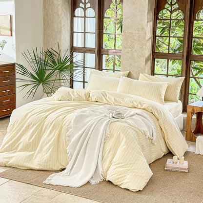 Yellow Striped Duvet Cover Set 100% Washed Cotton Linen Like Soft Feelling Breathable Bedding(Light Yellow/White Strip,Full)