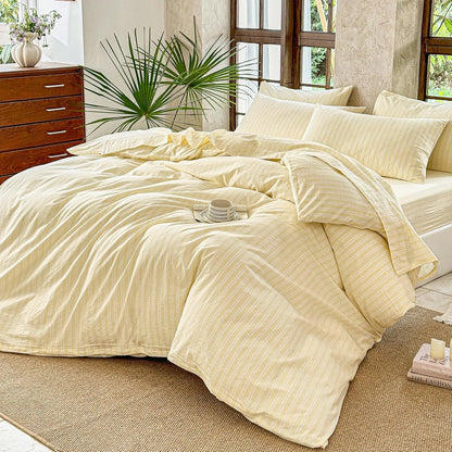 Yellow Striped Duvet Cover Set 100% Washed Cotton Linen Like Soft Feelling Breathable Bedding(Light Yellow/White Strip,Full)