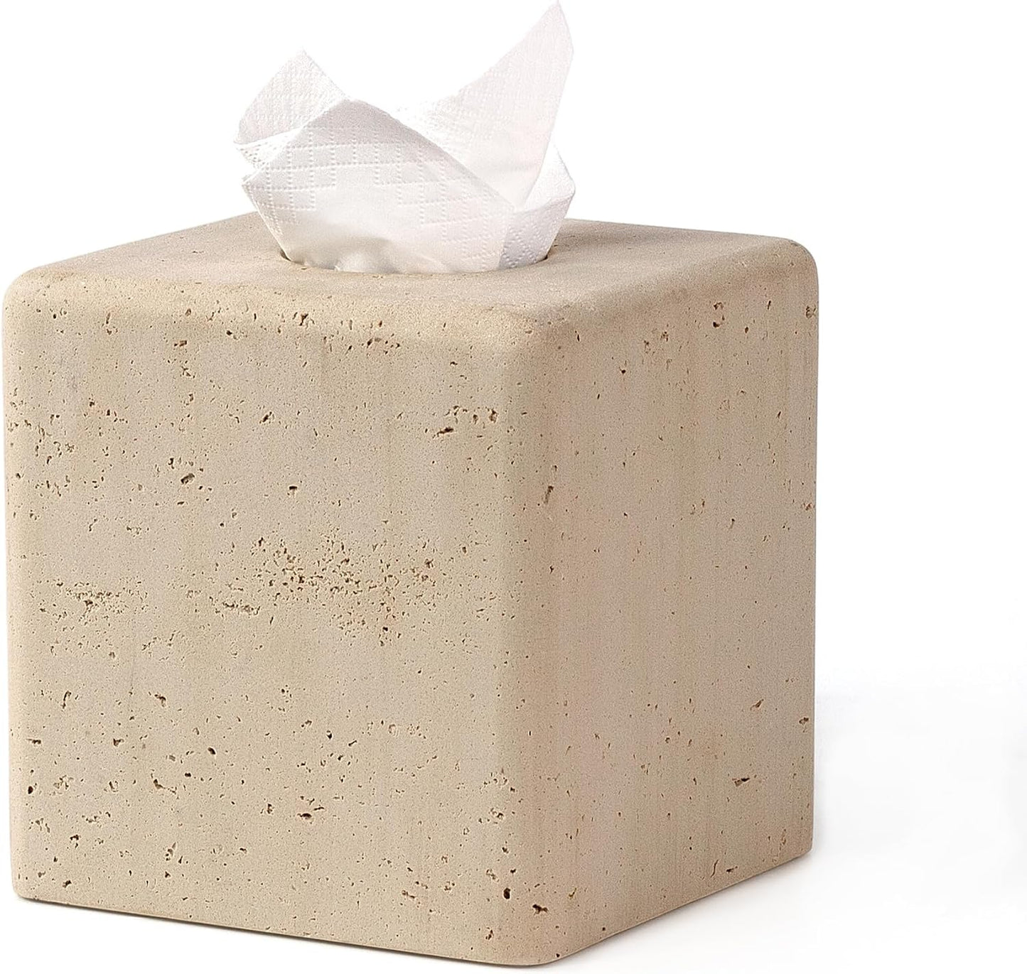 Resin Tissue Box Cover, Travertine Look, Square Holder, Yellow | Decorative square tissue holder for bathroom vanity, nightstand, living room, office, and countertop use