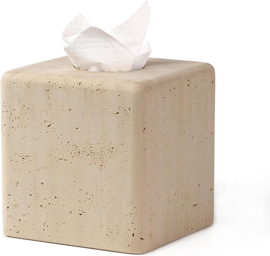 Resin Tissue Box Cover, Travertine Look, Square Holder, Yellow | Decorative square tissue holder for bathroom vanity, nightstand, living room, office, and countertop use