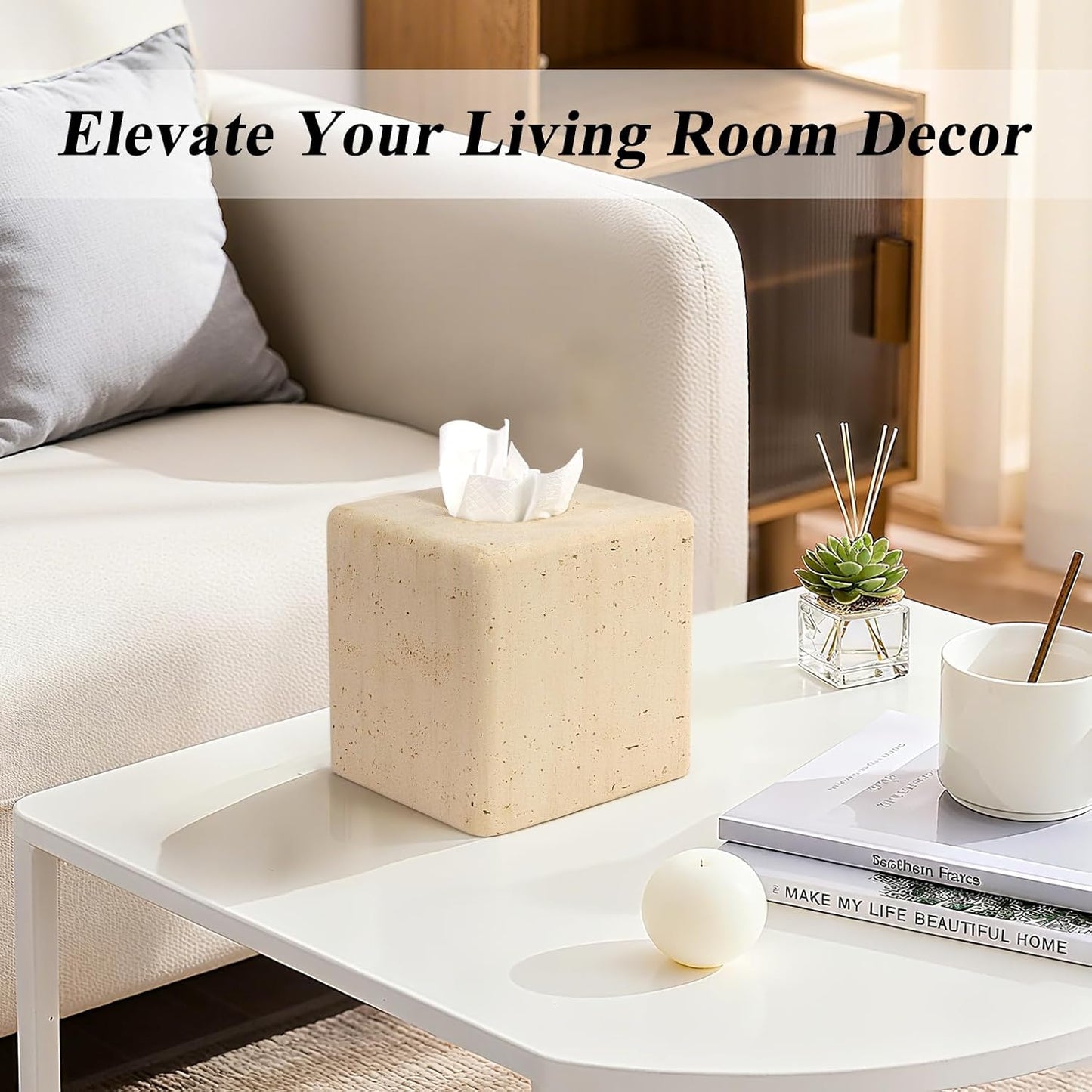 Resin Tissue Box Cover, Travertine Look, Square Holder, Yellow | Decorative square tissue holder for bathroom vanity, nightstand, living room, office, and countertop use