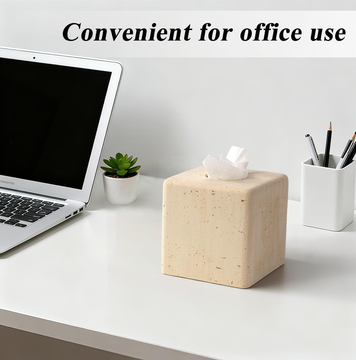 Resin Tissue Box Cover, Travertine Look, Square Holder, Yellow | Decorative square tissue holder for bathroom vanity, nightstand, living room, office, and countertop use