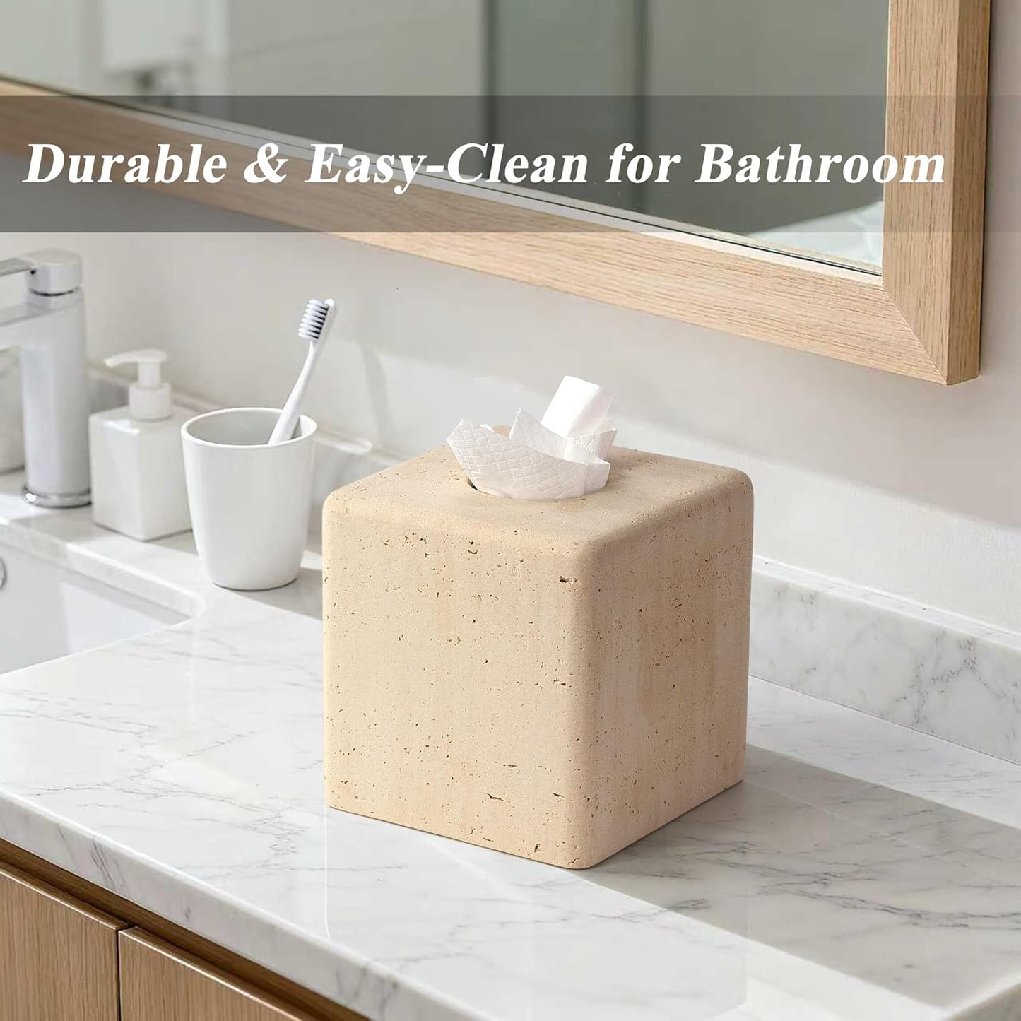 Resin Tissue Box Cover, Travertine Look, Square Holder, Yellow | Decorative square tissue holder for bathroom vanity, nightstand, living room, office, and countertop use