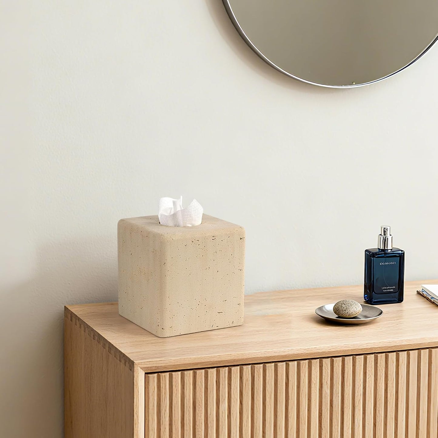 Resin Tissue Box Cover, Travertine Look, Square Holder, Yellow | Decorative square tissue holder for bathroom vanity, nightstand, living room, office, and countertop use