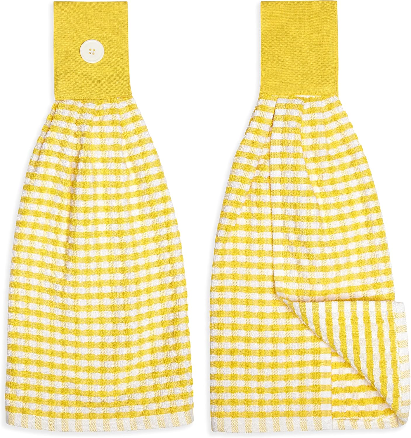 Gingham Check Terrycloth Hanging Kitchen Hand Towel Cotton with Button Accent, Set of 2 (Lemon Yellow)