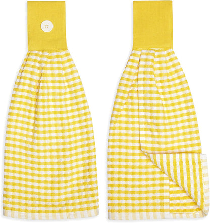 Gingham Check Terrycloth Hanging Kitchen Hand Towel Cotton with Button Accent, Set of 2 (Lemon Yellow)