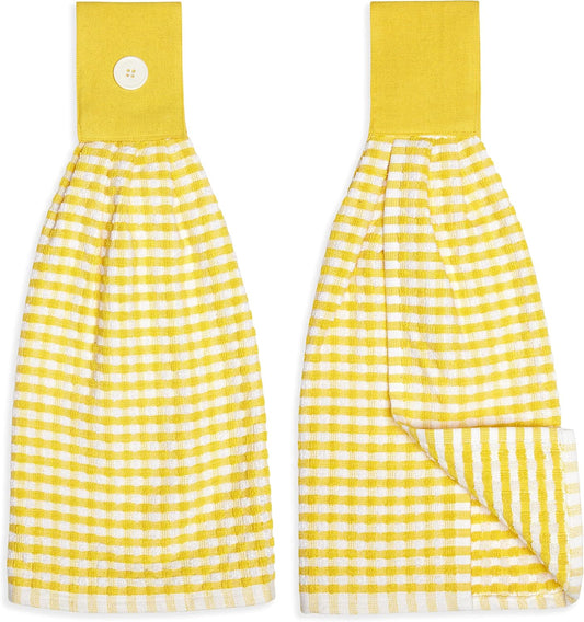 Gingham Check Terrycloth Hanging Kitchen Hand Towel Cotton with Button Accent, Set of 2 (Lemon Yellow)