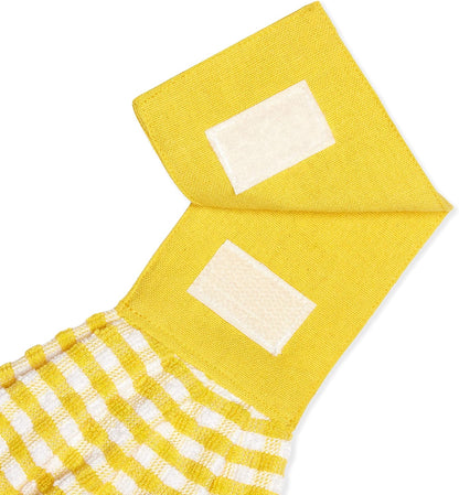 Gingham Check Terrycloth Hanging Kitchen Hand Towel Cotton with Button Accent, Set of 2 (Lemon Yellow)