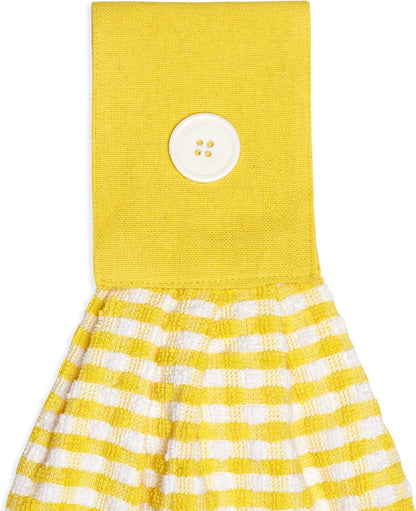 Gingham Check Terrycloth Hanging Kitchen Hand Towel Cotton with Button Accent, Set of 2 (Lemon Yellow)
