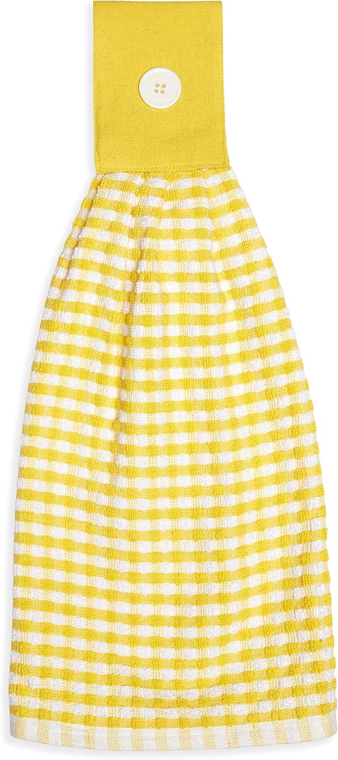 Gingham Check Terrycloth Hanging Kitchen Hand Towel Cotton with Button Accent, Set of 2 (Lemon Yellow)