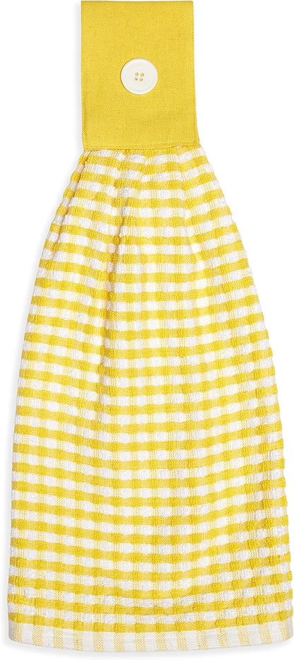 Gingham Check Terrycloth Hanging Kitchen Hand Towel Cotton with Button Accent, Set of 2 (Lemon Yellow)